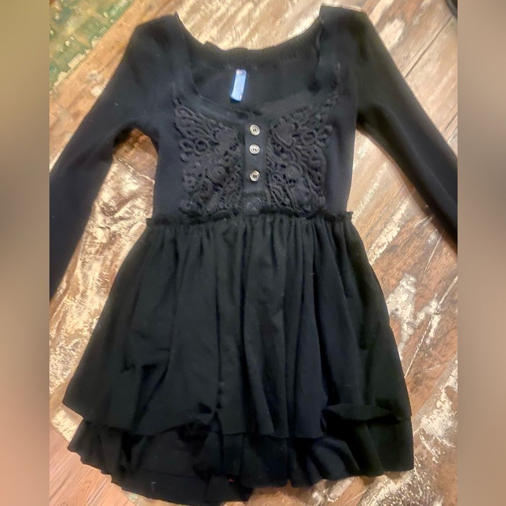 RARE Free People Black Babydoll Henley Waffle Thermal Top - Crochet detail - XS - Picture 6 of 8